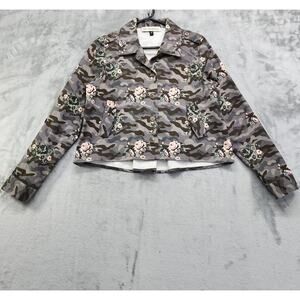 Montana Co. Jacket Womens M Gray Pink Camo Floral Crop Stretch Roll Tab Sleeves